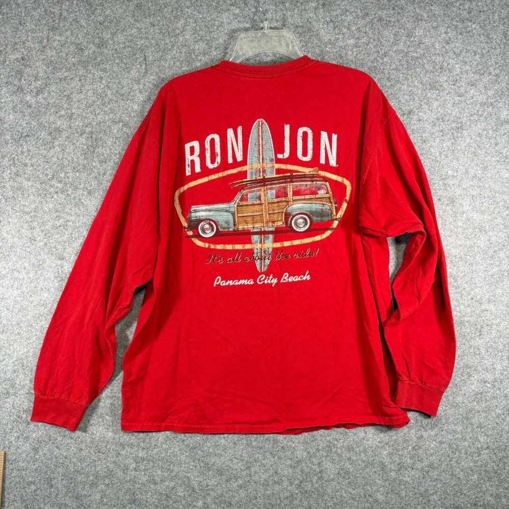 Ron Jon Surf Shop Long Sleeve T-Shirt Mens XL Red Panama City Beach Woody Wagon